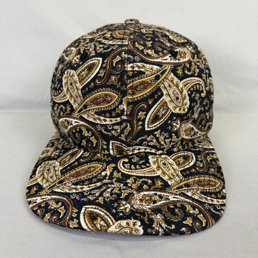 Crown Snapback Hat Paisley Print Mens OSFM Black Gold Flat Bill Cap